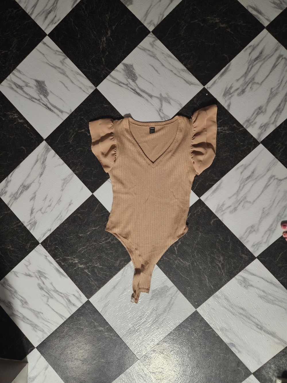 SHEIN Camel Ribbed V-Neck Flutter Sleeve Bodysuit